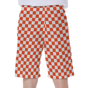 Lava Orange And White Checkered Print Men's Beach Shorts