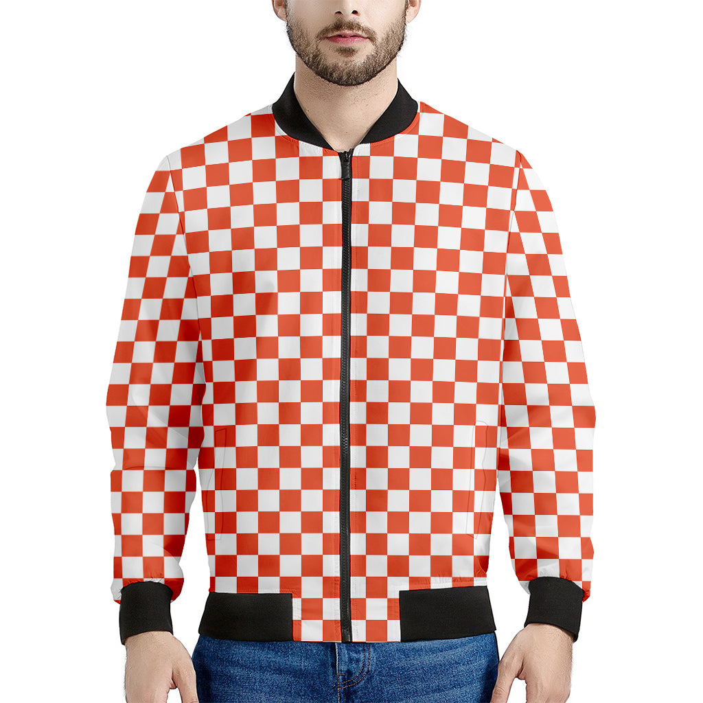 Lava Orange And White Checkered Print Men's Bomber Jacket