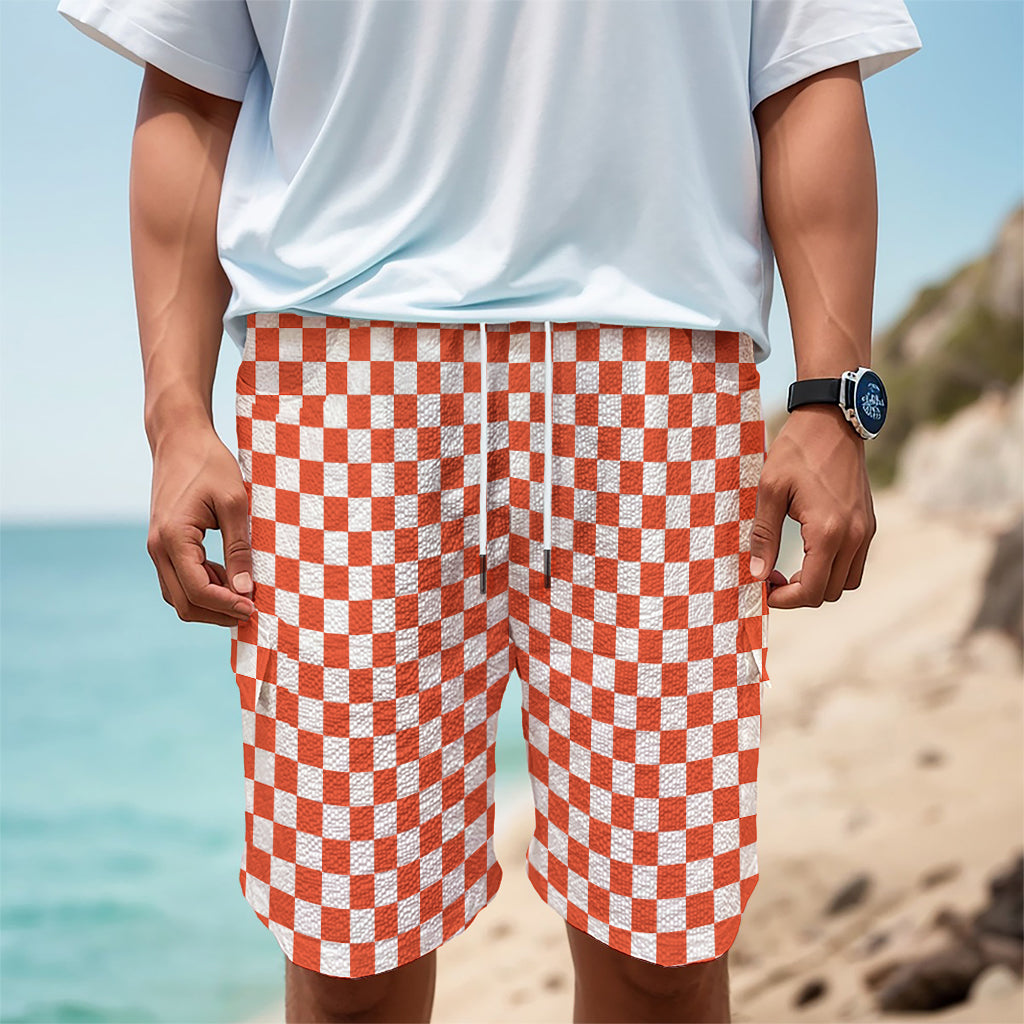 Lava Orange And White Checkered Print Men's Cargo Shorts