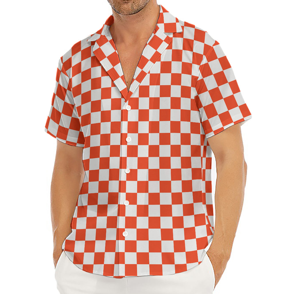 Lava Orange And White Checkered Print Men's Deep V-Neck Shirt