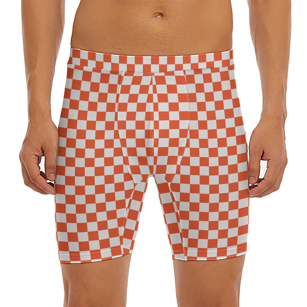 Lava Orange And White Checkered Print Men's Long Boxer Briefs