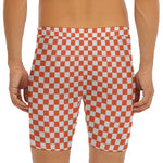 Lava Orange And White Checkered Print Men's Long Boxer Briefs