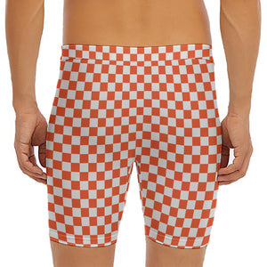 Lava Orange And White Checkered Print Men's Long Boxer Briefs