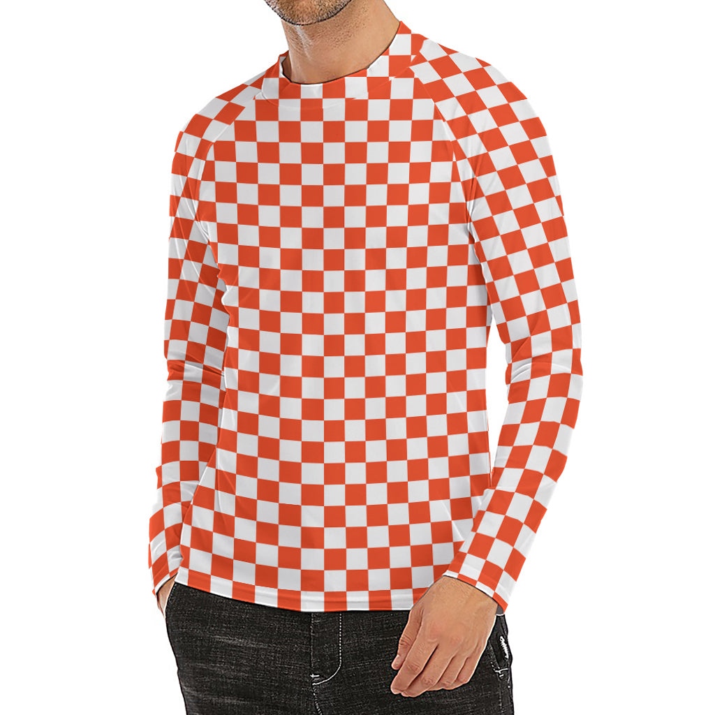 Lava Orange And White Checkered Print Men's Long Sleeve Rash Guard