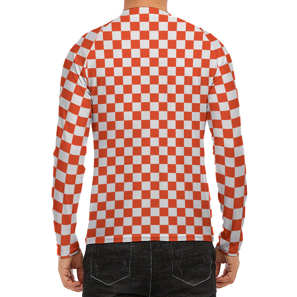 Lava Orange And White Checkered Print Men's Long Sleeve Rash Guard