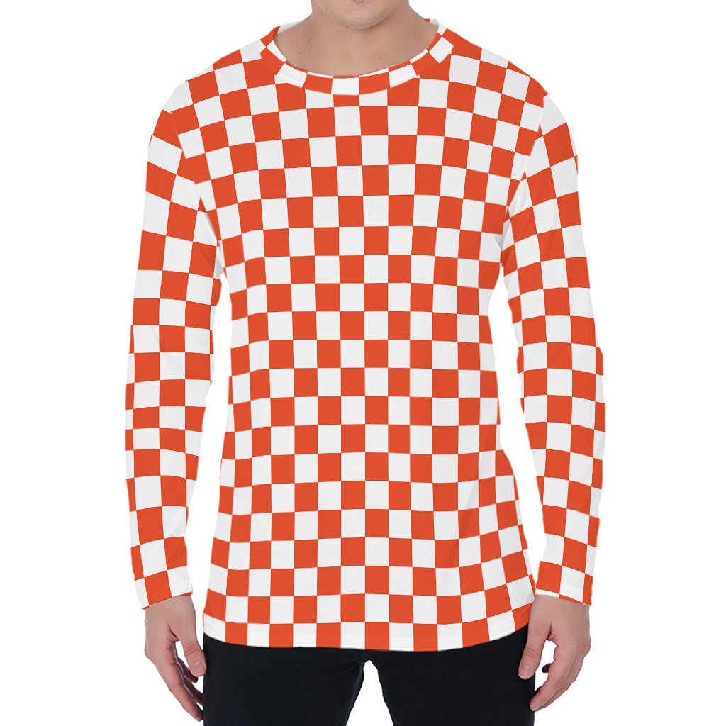 Lava Orange And White Checkered Print Men's Long Sleeve T-Shirt