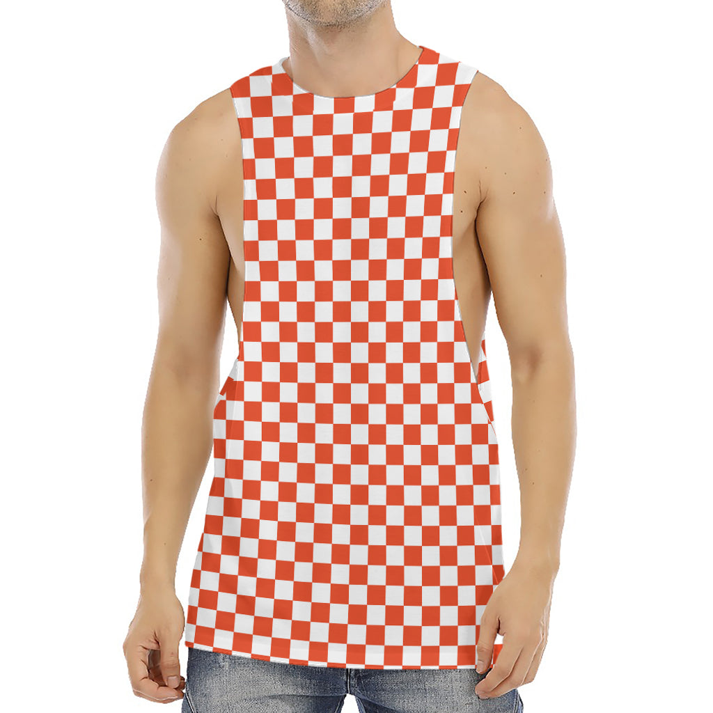 Lava Orange And White Checkered Print Men's Muscle Tank Top