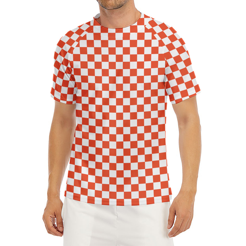 Lava Orange And White Checkered Print Men's Short Sleeve Rash Guard