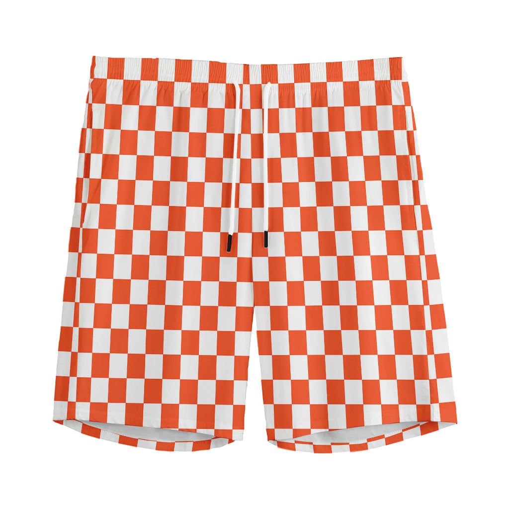 Lava Orange And White Checkered Print Men's Sports Shorts