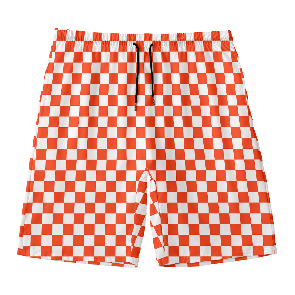 Lava Orange And White Checkered Print Men's Swim Trunks