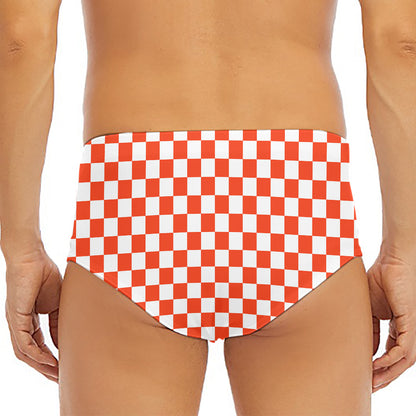 Lava Orange And White Checkered Print Men's Triangle Swim Briefs