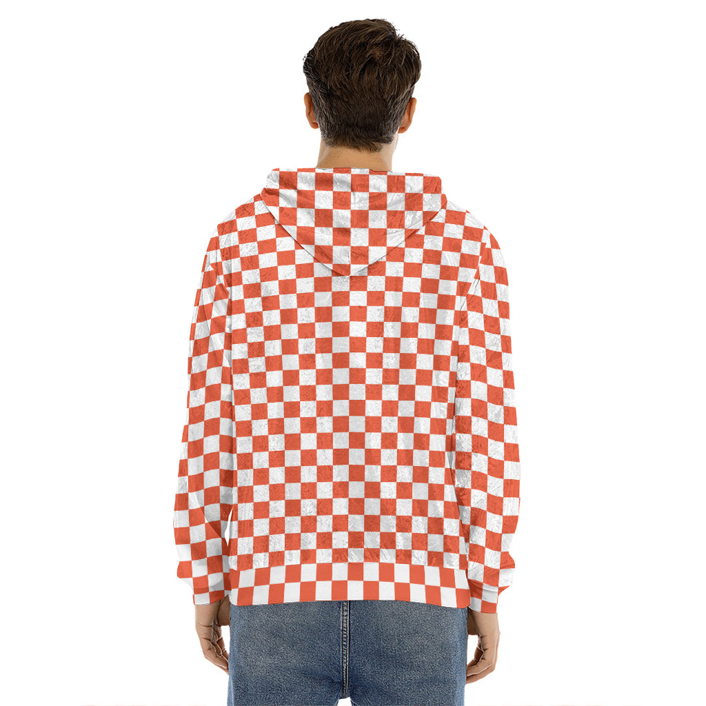 Lava Orange And White Checkered Print Men's Velvet Pullover Hoodie