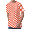 Lava Orange And White Checkered Print Men's Velvet T-Shirt