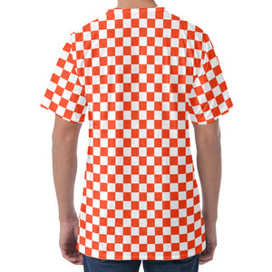 Lava Orange And White Checkered Print Men's Velvet T-Shirt