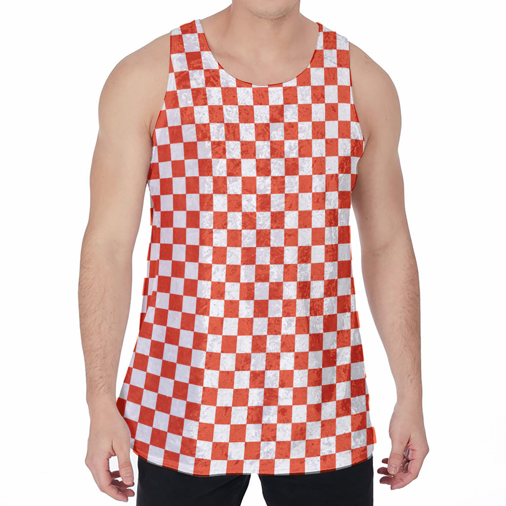 Lava Orange And White Checkered Print Men's Velvet Tank Top