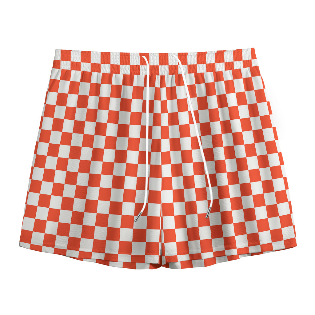 Lava Orange And White Checkered Print Mesh Shorts