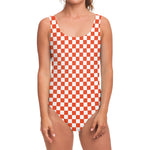 Lava Orange And White Checkered Print One Piece Swimsuit