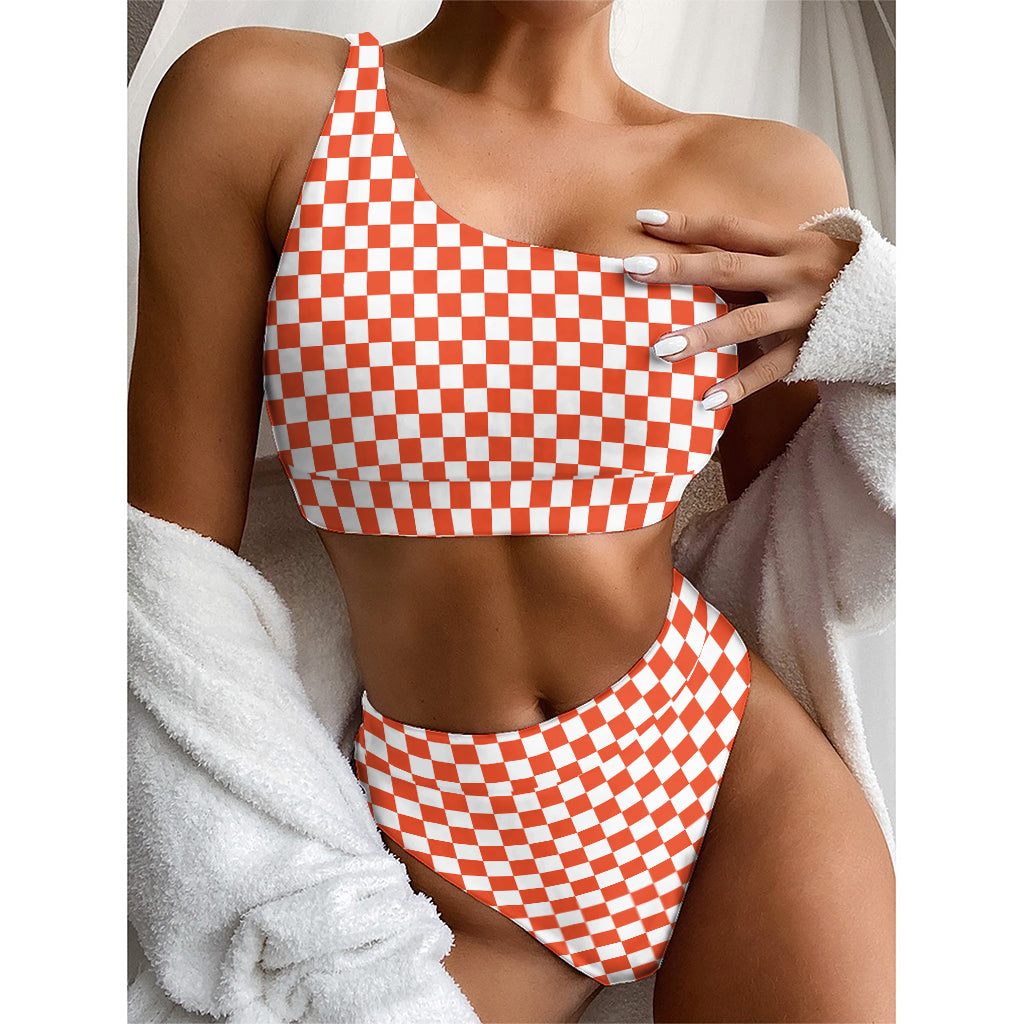 Lava Orange And White Checkered Print One Shoulder Bikini Top