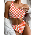 Lava Orange And White Checkered Print One Shoulder Bikini Top