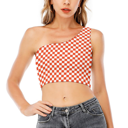 Lava Orange And White Checkered Print One Shoulder Crop Top