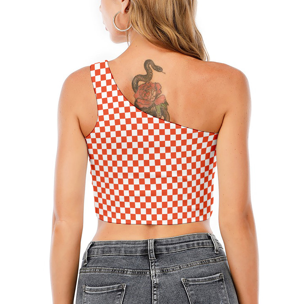 Lava Orange And White Checkered Print One Shoulder Crop Top