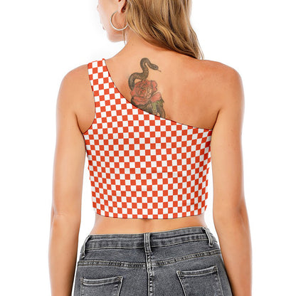 Lava Orange And White Checkered Print One Shoulder Crop Top