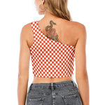 Lava Orange And White Checkered Print One Shoulder Crop Top