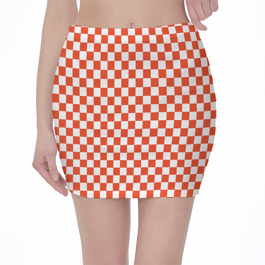 Lava Orange And White Checkered Print Pencil Mini Skirt