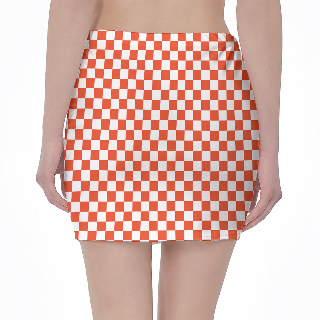 Lava Orange And White Checkered Print Pencil Mini Skirt