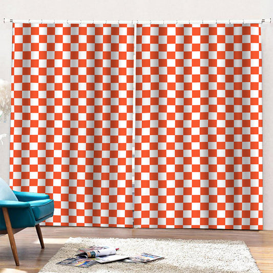 Lava Orange And White Checkered Print Pencil Pleat Curtains