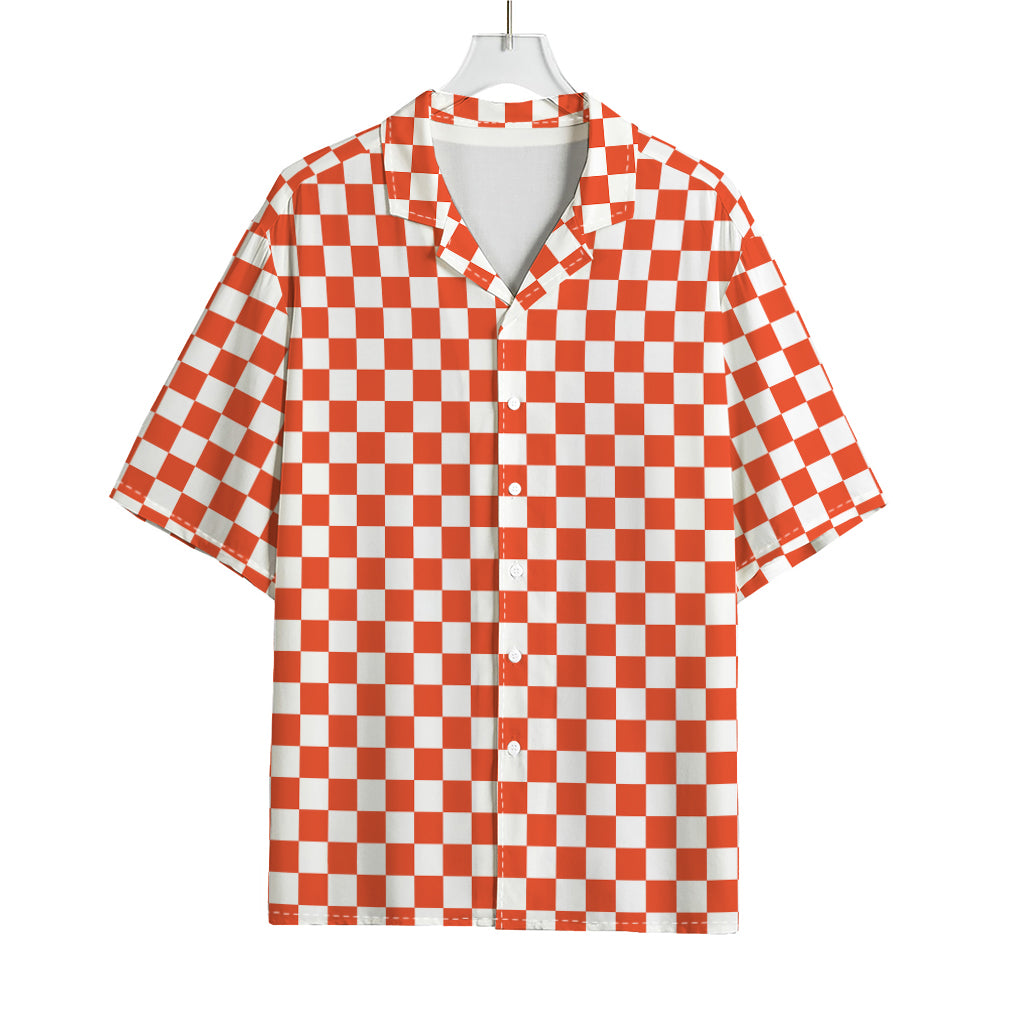 Lava Orange And White Checkered Print Rayon Hawaiian Shirt