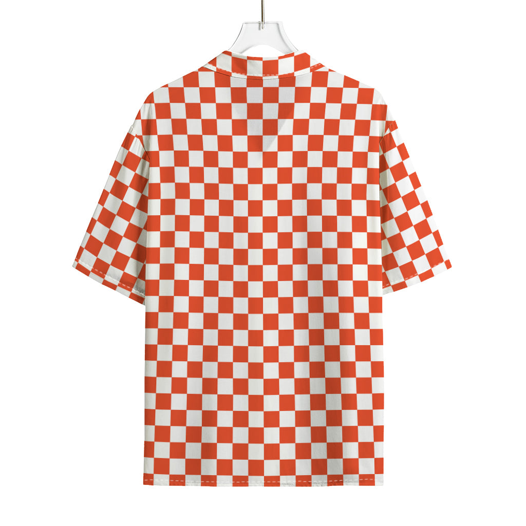 Lava Orange And White Checkered Print Rayon Hawaiian Shirt