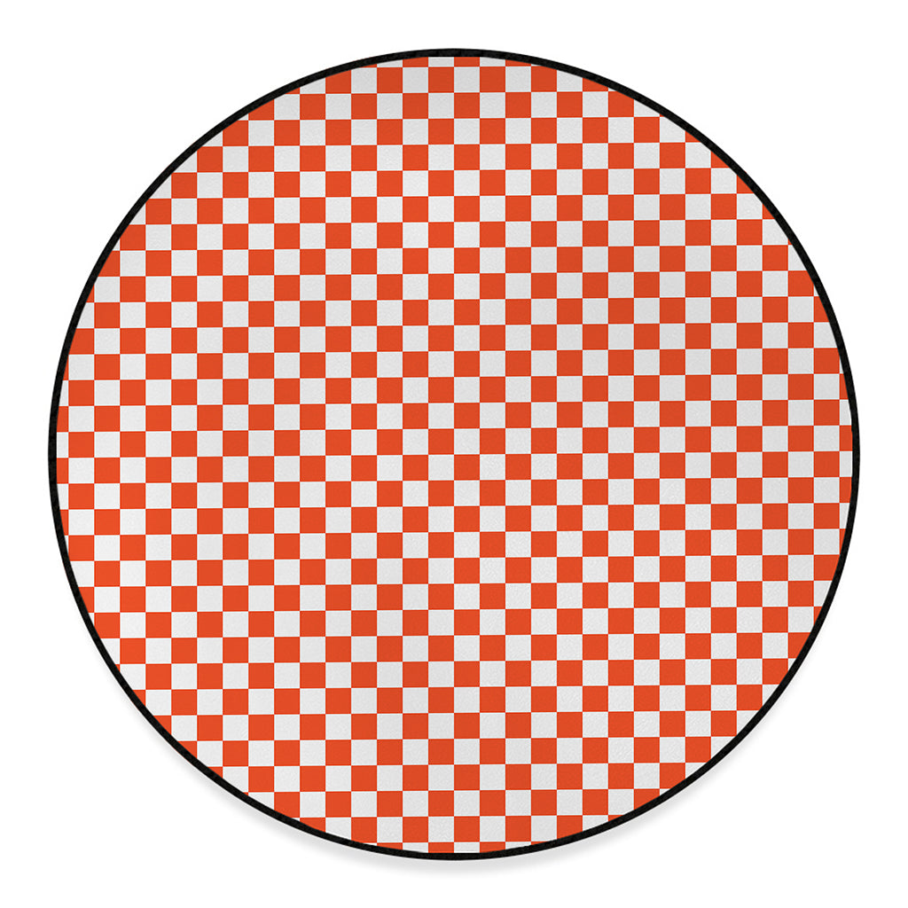 Lava Orange And White Checkered Print Round Floor Mat