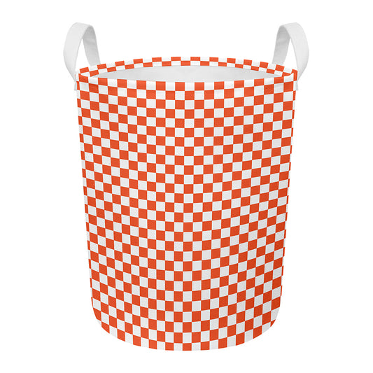Lava Orange And White Checkered Print Round Laundry Basket