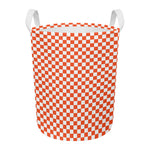 Lava Orange And White Checkered Print Round Laundry Basket