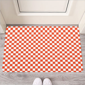 Lava Orange And White Checkered Print Rubber Doormat