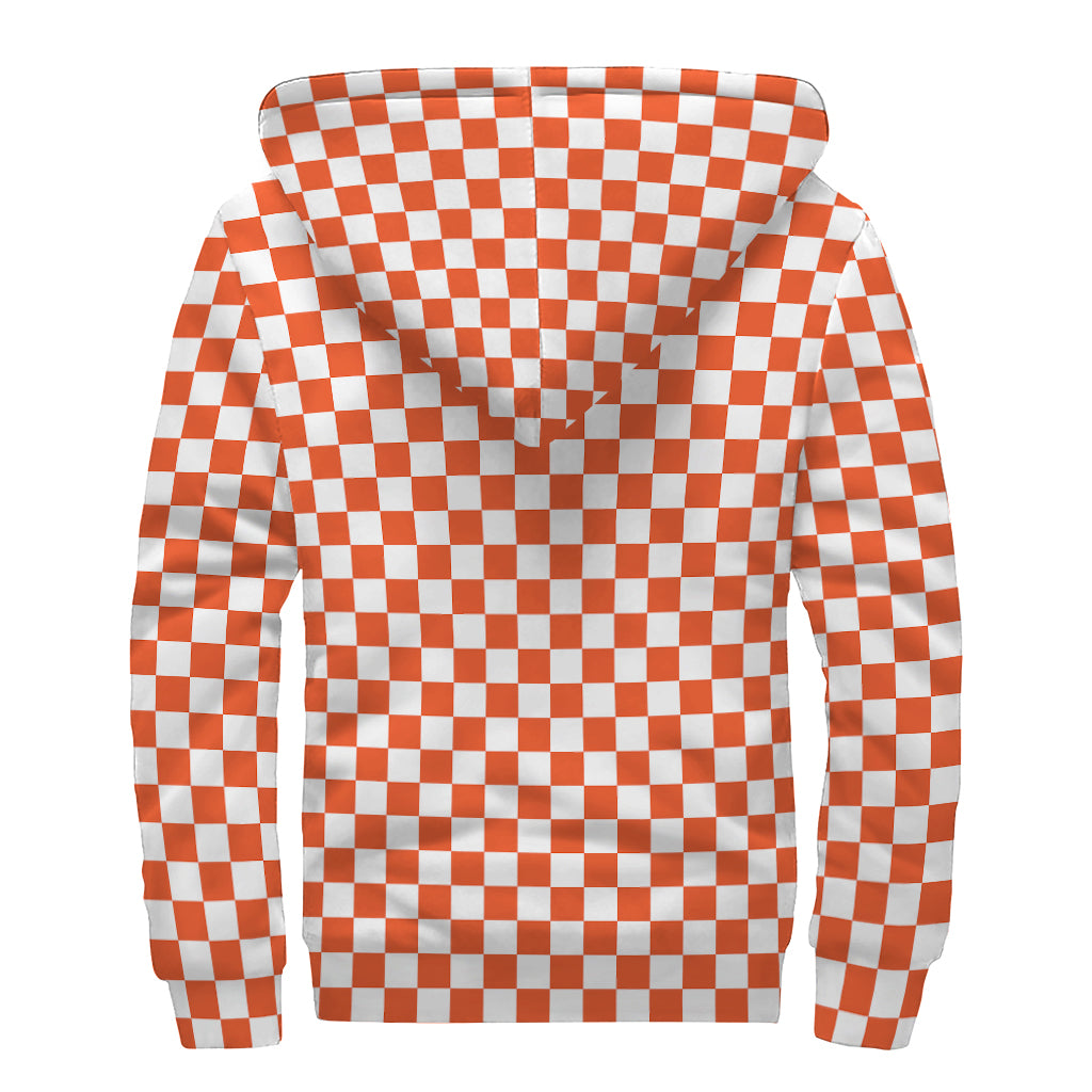 Lava Orange And White Checkered Print Sherpa Lined Zip Up Hoodie