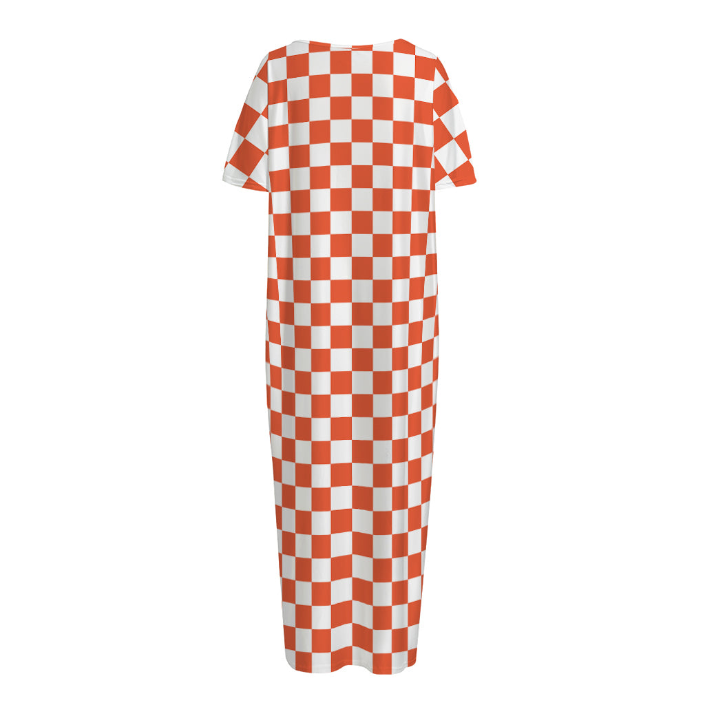 Lava Orange And White Checkered Print Short Sleeve Long Nightdress