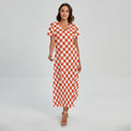 Lava Orange And White Checkered Print Short Sleeve Maxi Dress