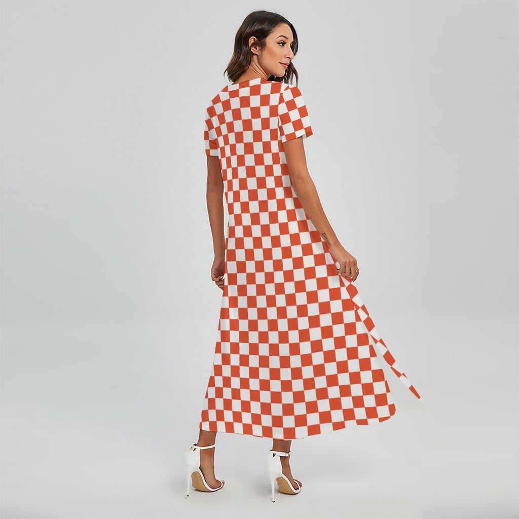 Lava Orange And White Checkered Print Short Sleeve Maxi Dress