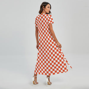 Lava Orange And White Checkered Print Short Sleeve Maxi Dress