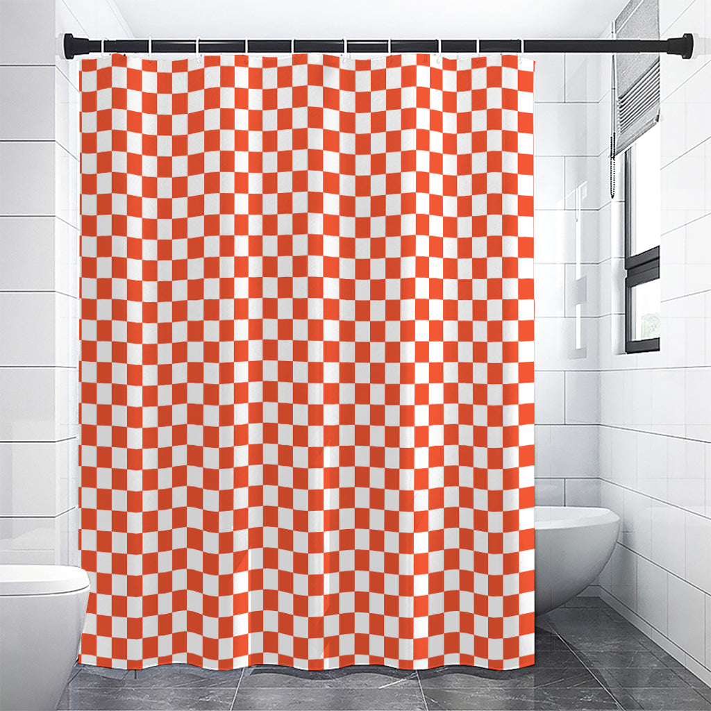 Lava Orange And White Checkered Print Shower Curtain