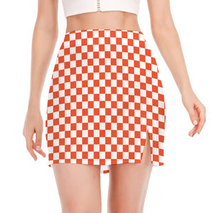 Lava Orange And White Checkered Print Side Slit Mini Skirt