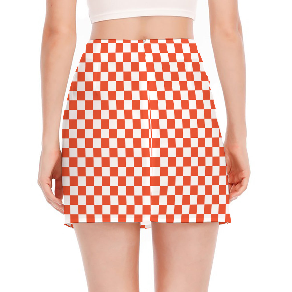 Lava Orange And White Checkered Print Side Slit Mini Skirt