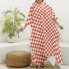 Lava Orange And White Checkered Print Silk V-Neck Kaftan Dress