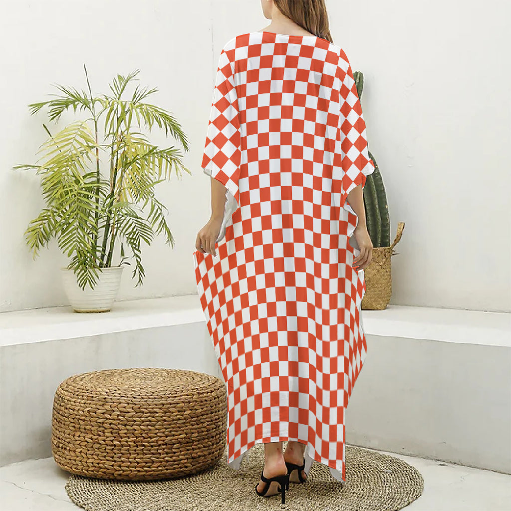 Lava Orange And White Checkered Print Silk V-Neck Kaftan Dress