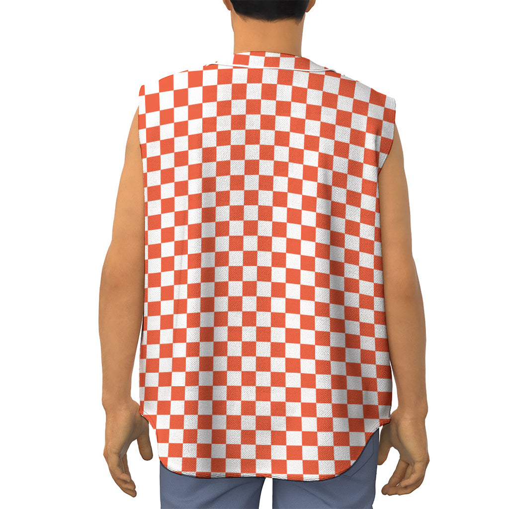 Lava Orange And White Checkered Print Sleeveless Baseball Jersey