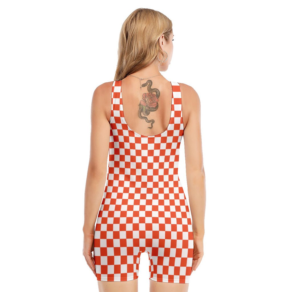 Lava Orange And White Checkered Print Sleeveless One Piece Swimsuit