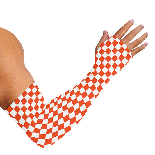 Lava Orange And White Checkered Print Sun Protection Arm Sleeves
