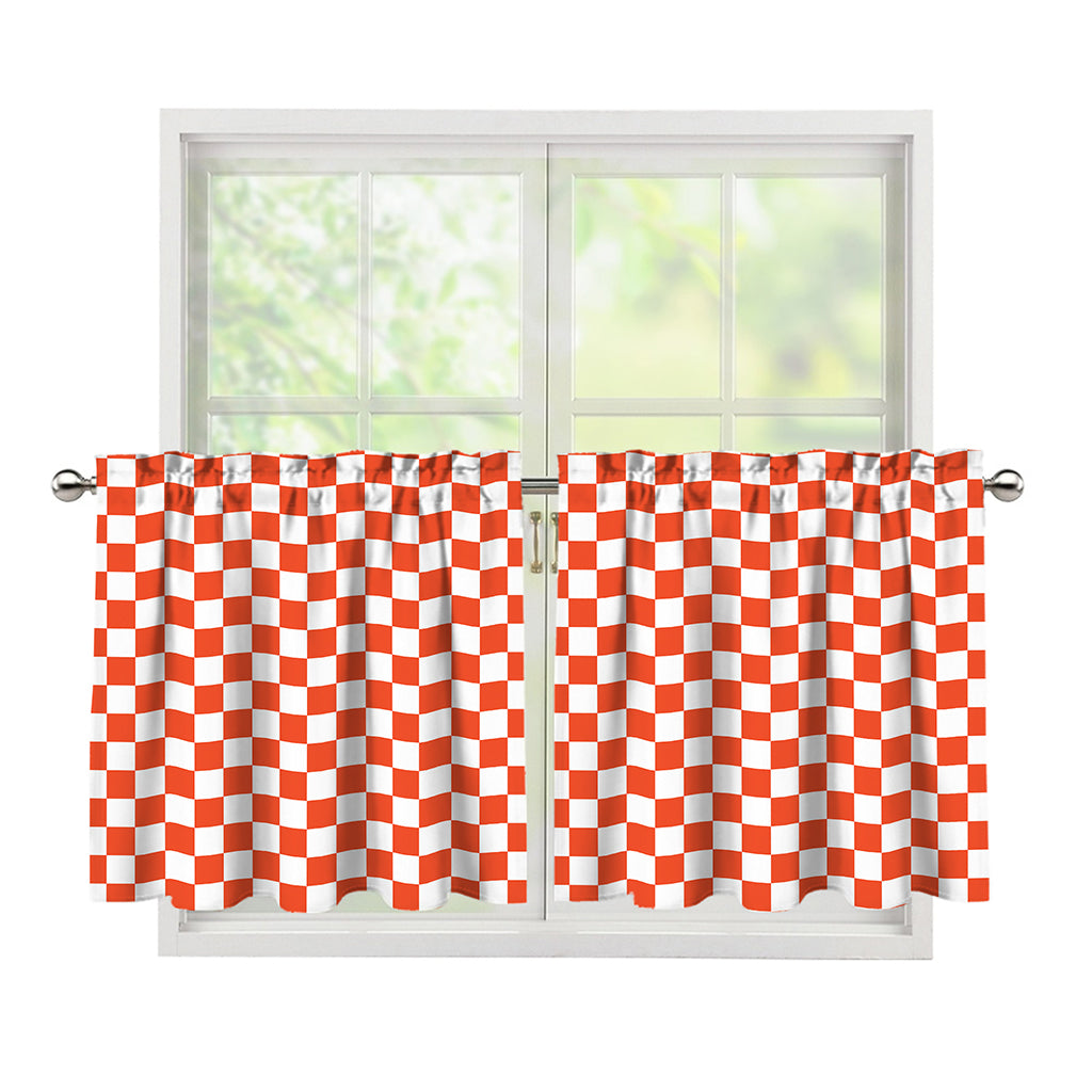 Lava Orange And White Checkered Print Tier Curtains